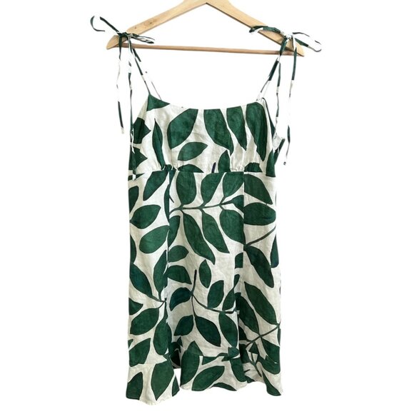 And Other Stories Leaf Print Linen Mini Babydoll Dress Green 10 Resort Coastal - Picture 3 of 11